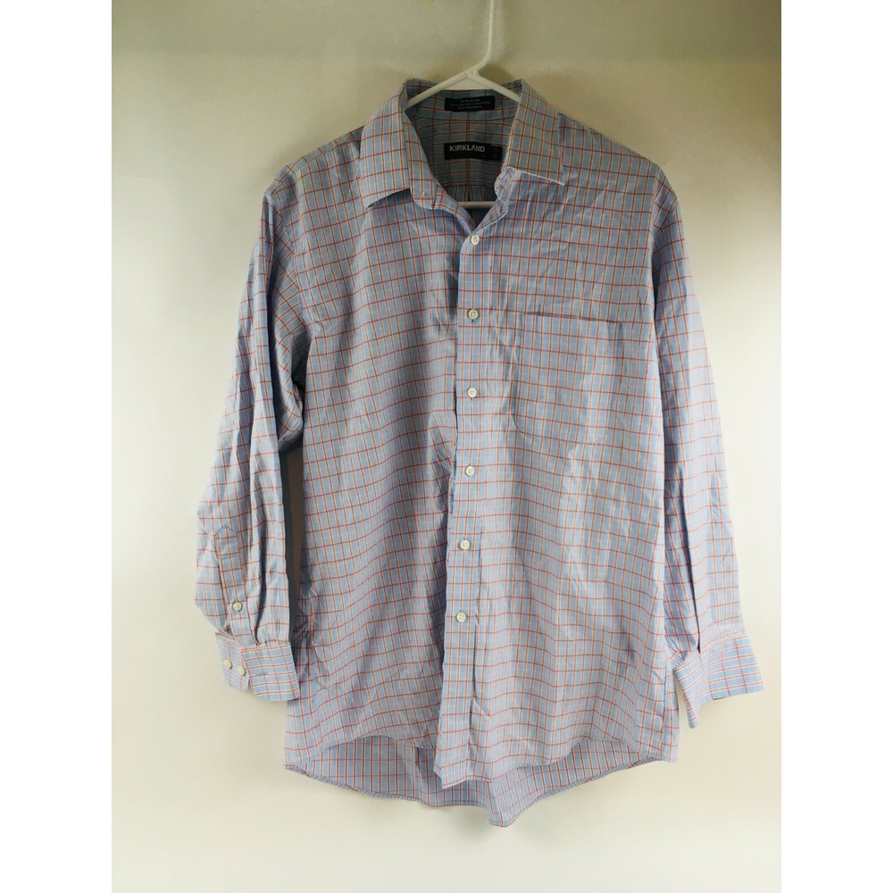 KIRKLAND Shirt Men's Size 16-32 Blue & Orange Check Plaid Non Iron Button Down
